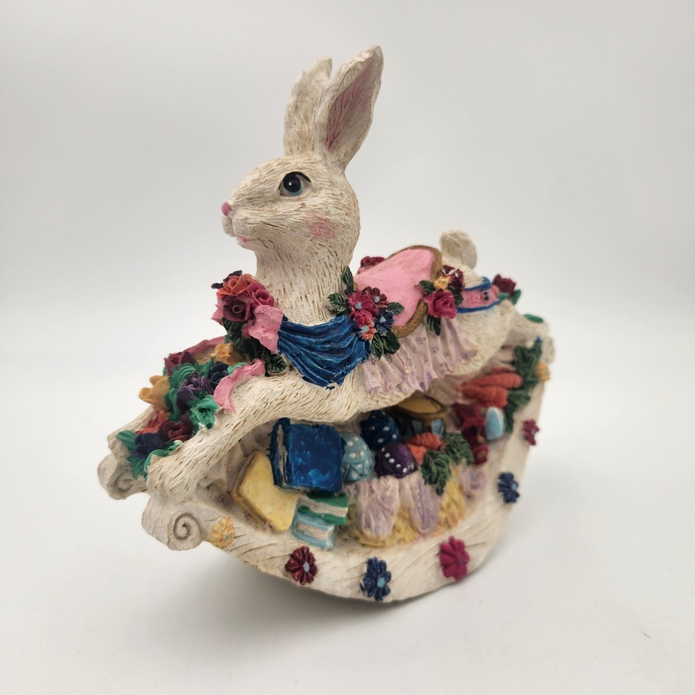 Vintage Style Rocking Easter Bunny Rabbit Figurine Floral Resin Spring Decor - Picture 4 of 7